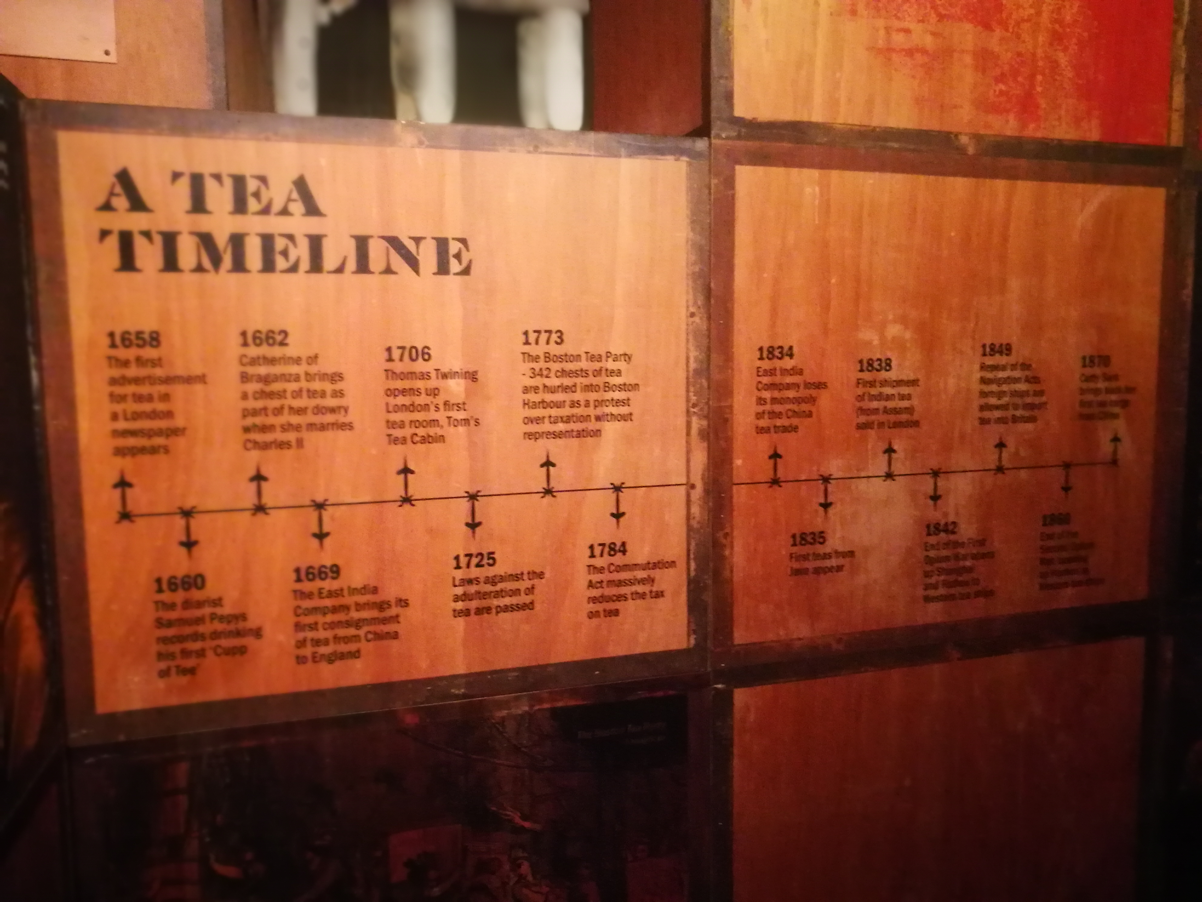 a tea history timeline stencilled onto reproduction tea crates